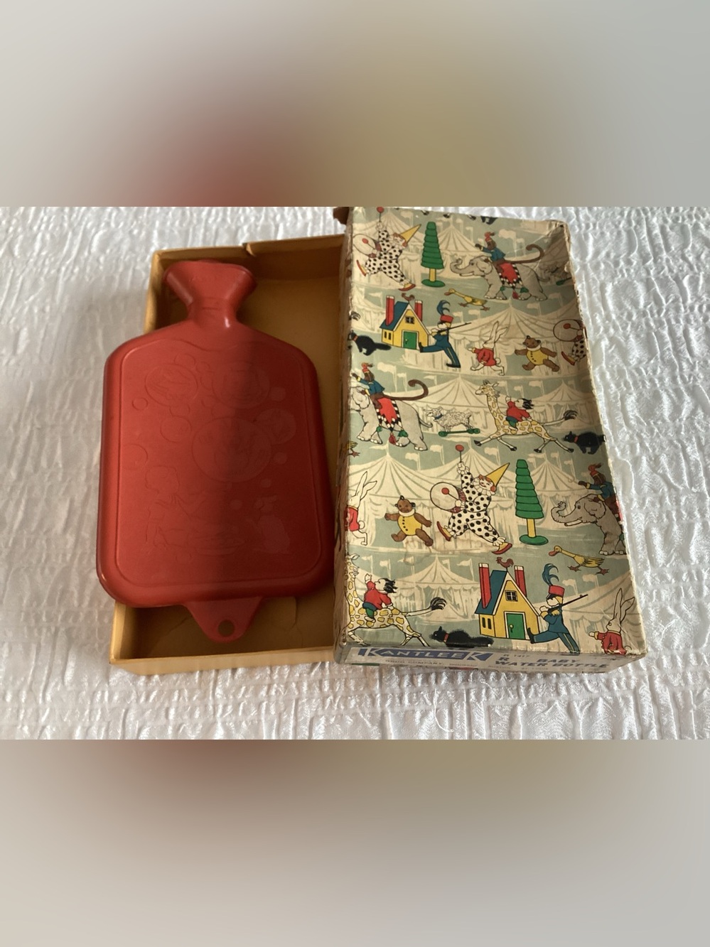 Antique 1923 children’s hot water bottle with original box w decorative Circus